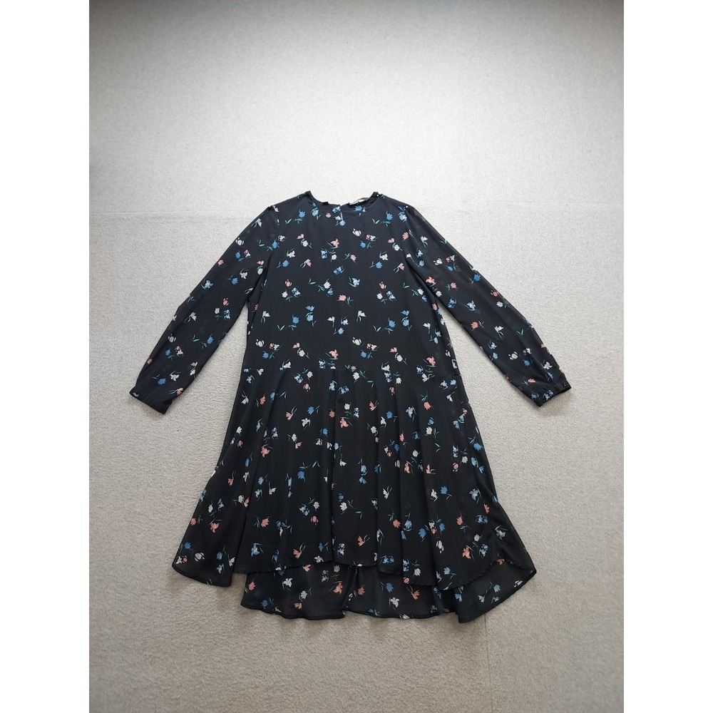 Vero Moda Women Shift Dress L Black Floral‎ Knee Length Round Neck Summer Casual